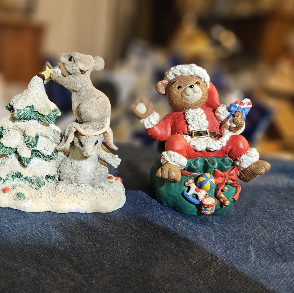Christmas figurines, Total 2.  Mouse figurine and Santa Claus with bag of toys.